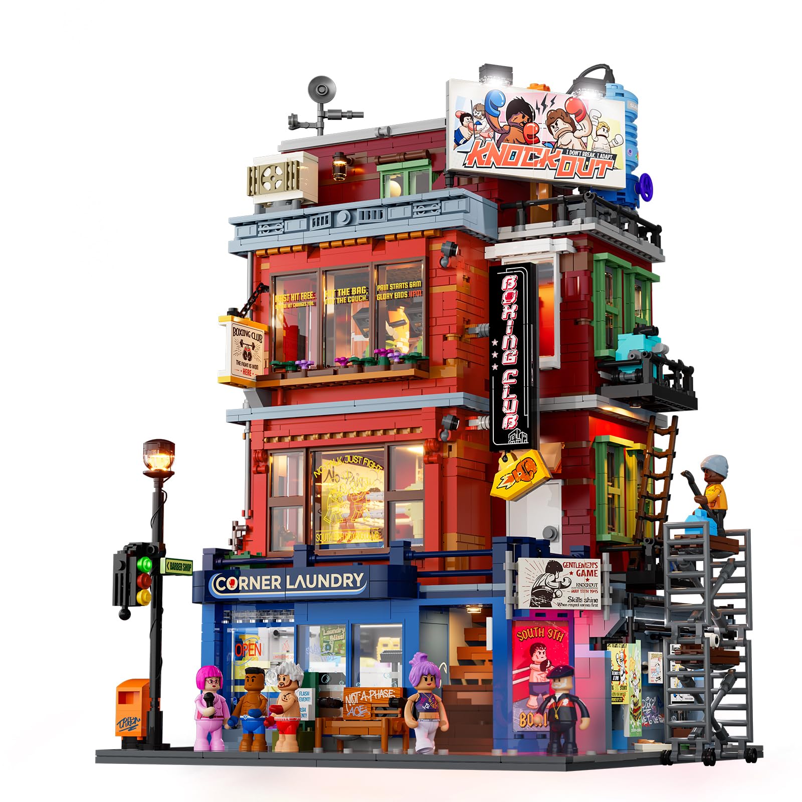 Lumibricks Straßenfusion Boxclub Klemmbausteine mit Licht,City Modular Building, 3036Pcs,mit Fitnessstudio und Boxring mit wechselnden Lichteffekten, Sammlerstück und- Geschenk, 19009