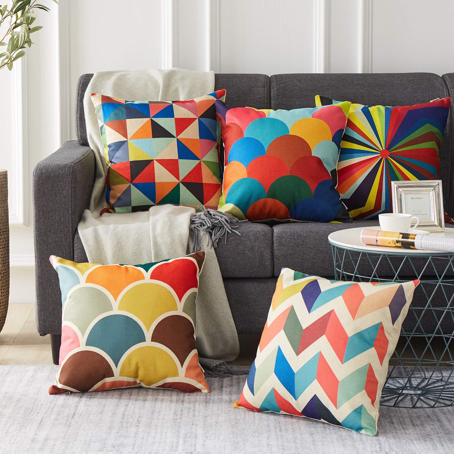 Topfinel Colorful Geometric Cushion Cover 18 x 18 Inch Cotton Linen