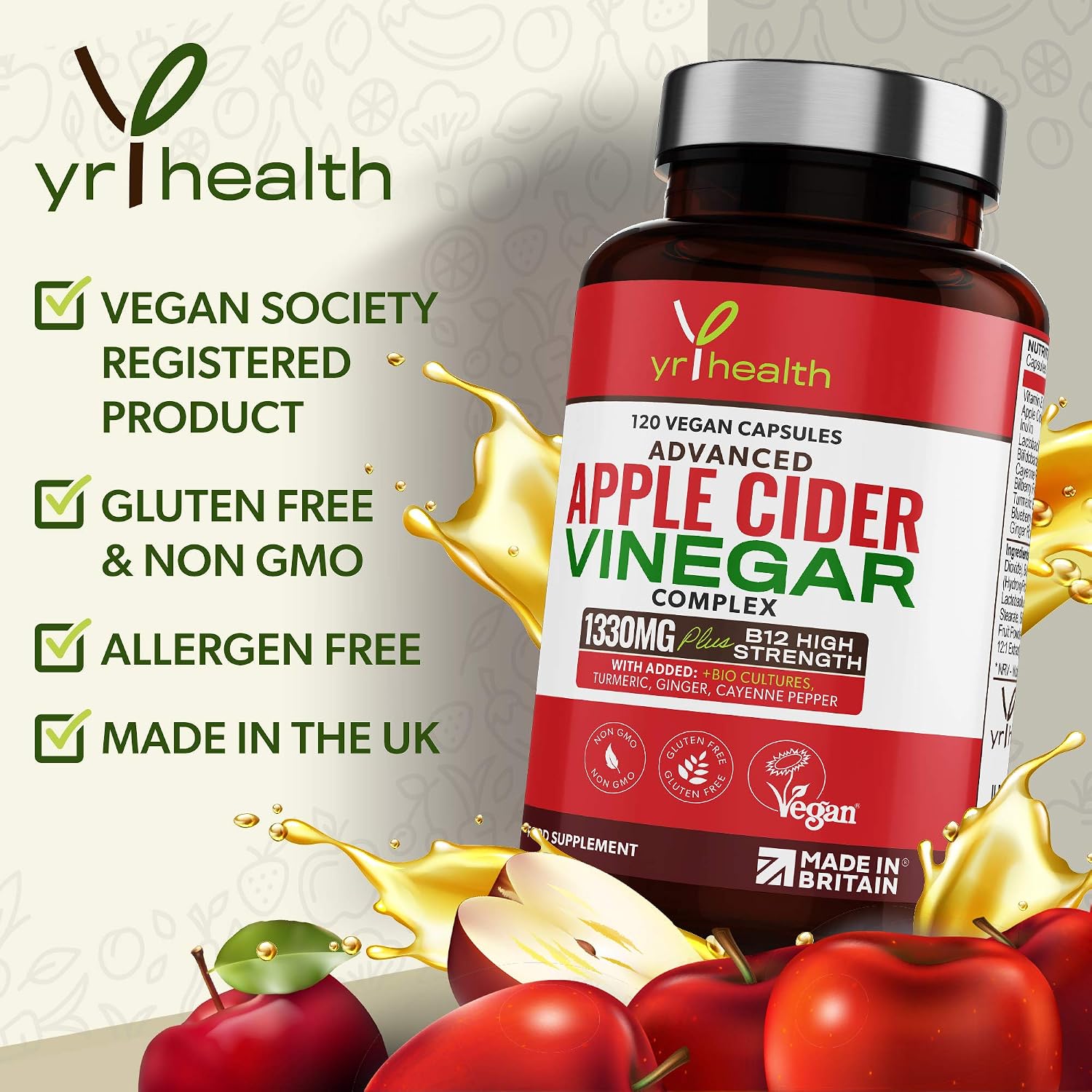 Apple Cider Vinegar Capsules Max Strength with Cayenne Pepper, Bio-Cultures, Turmeric, Ginger, Vitamin B12, 1330mg - Image 4