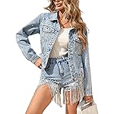 LifeShe Pearl Tassel Jean Jacket for Women with Heart Pearl Back Fringe Denim Coat