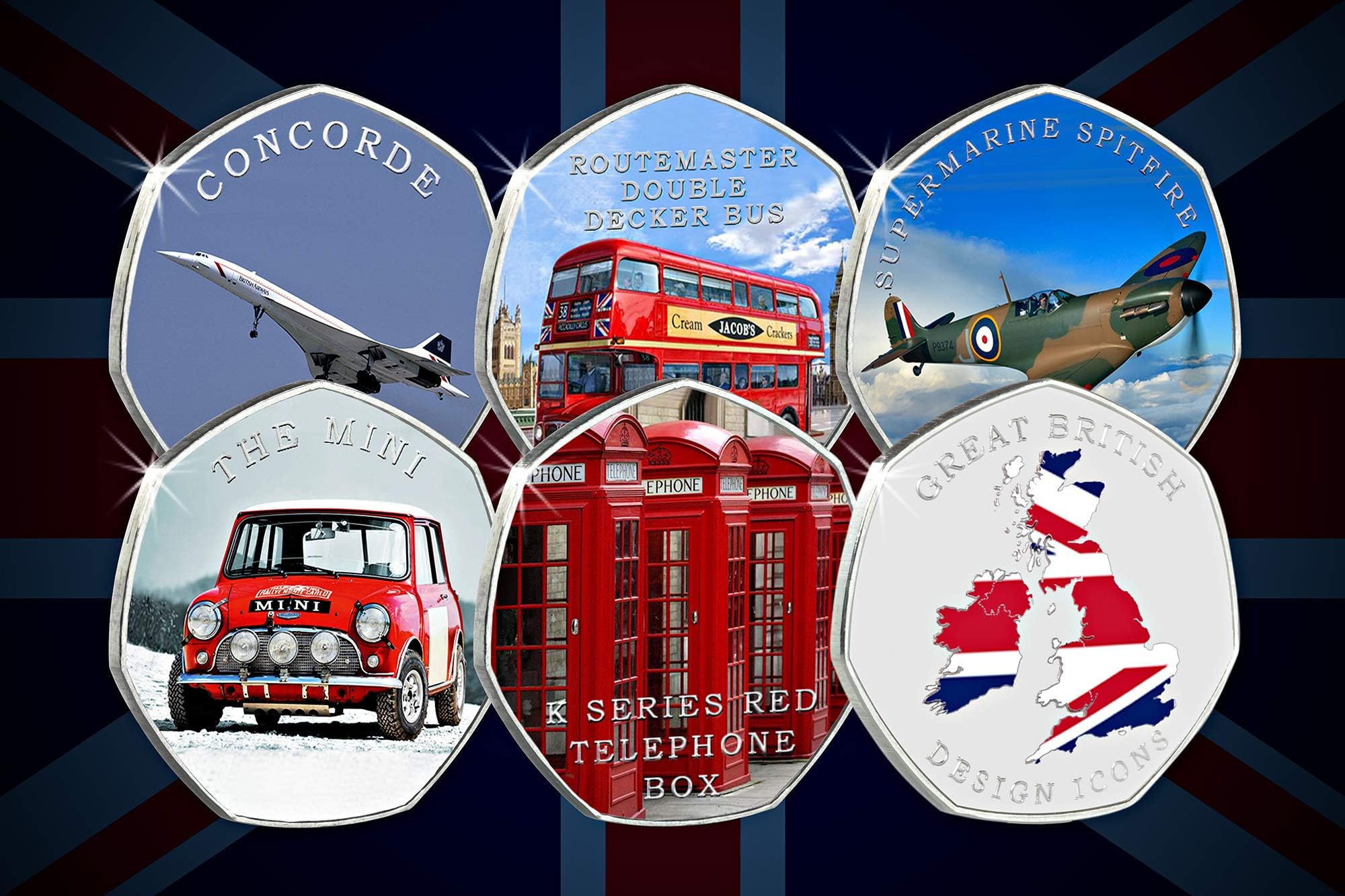 The Commemorative Coin Company Complete Set of GREAT BRITISH DESIGN ICONS Full Colour Silver Commemoratives. SPITFIRE, MINI, RED TELEPHONE BOX, ROUTEMASTER DOUBLE DECKER BUS, CONCORDE