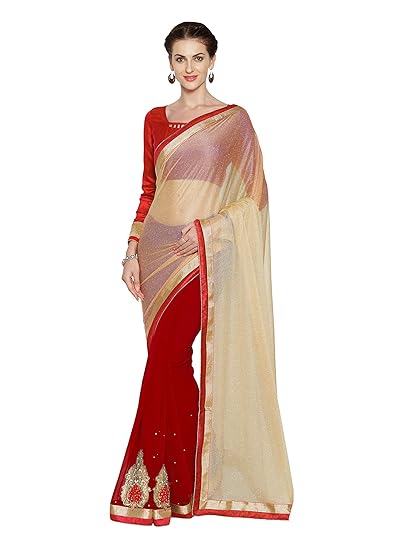 Womens Lycra & Faux Georgette Saree With Un-stitched Blouse Piece (3328-Red, Beige-6.3 meters)