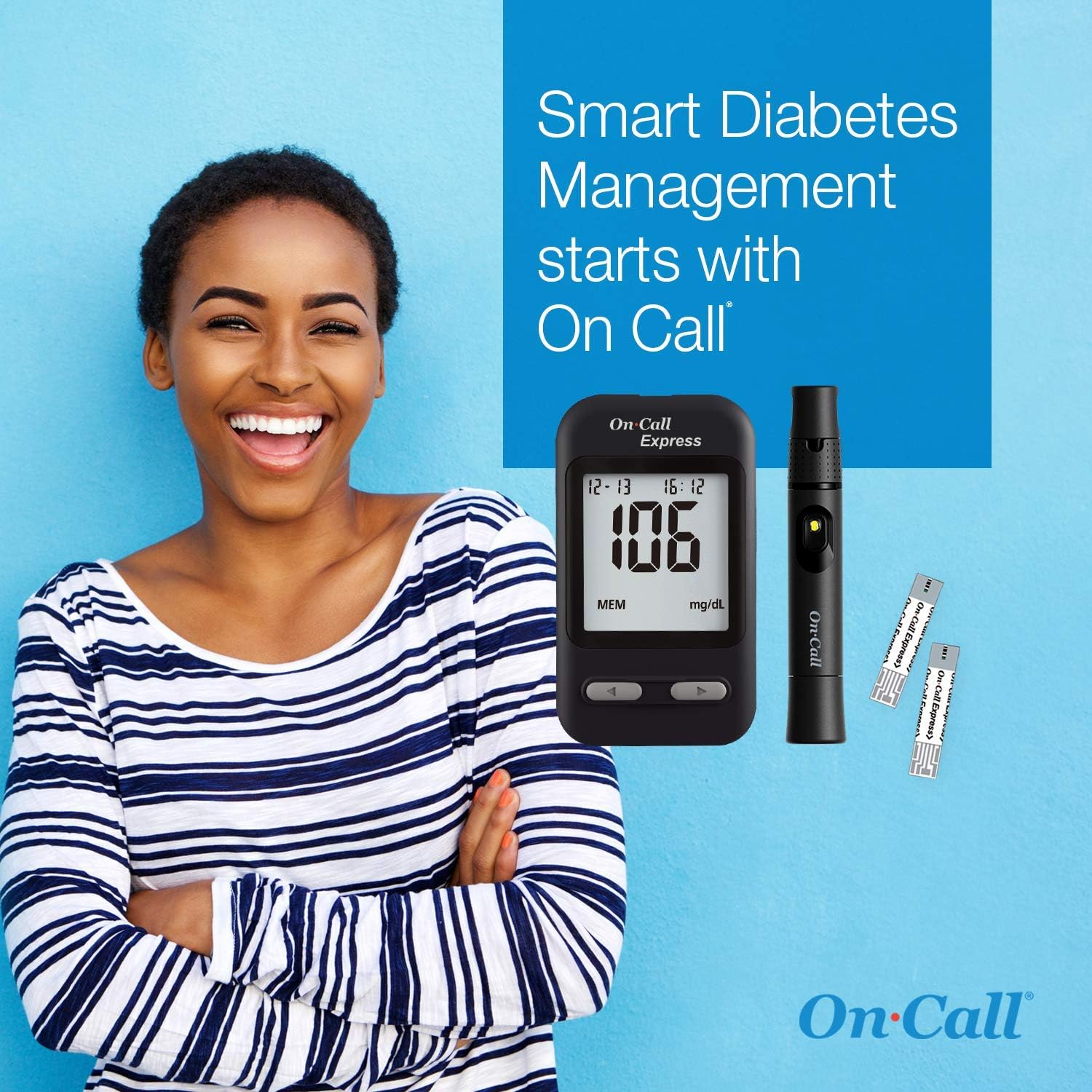 On Call Express Diabetes Testing Kit- Blood Glucose Meter, 10 Blood Test Strips, 1 Lancing Device, 30g Lancets, Control Solution, Carrying Case, Log Book, Black: Health & Personal Care