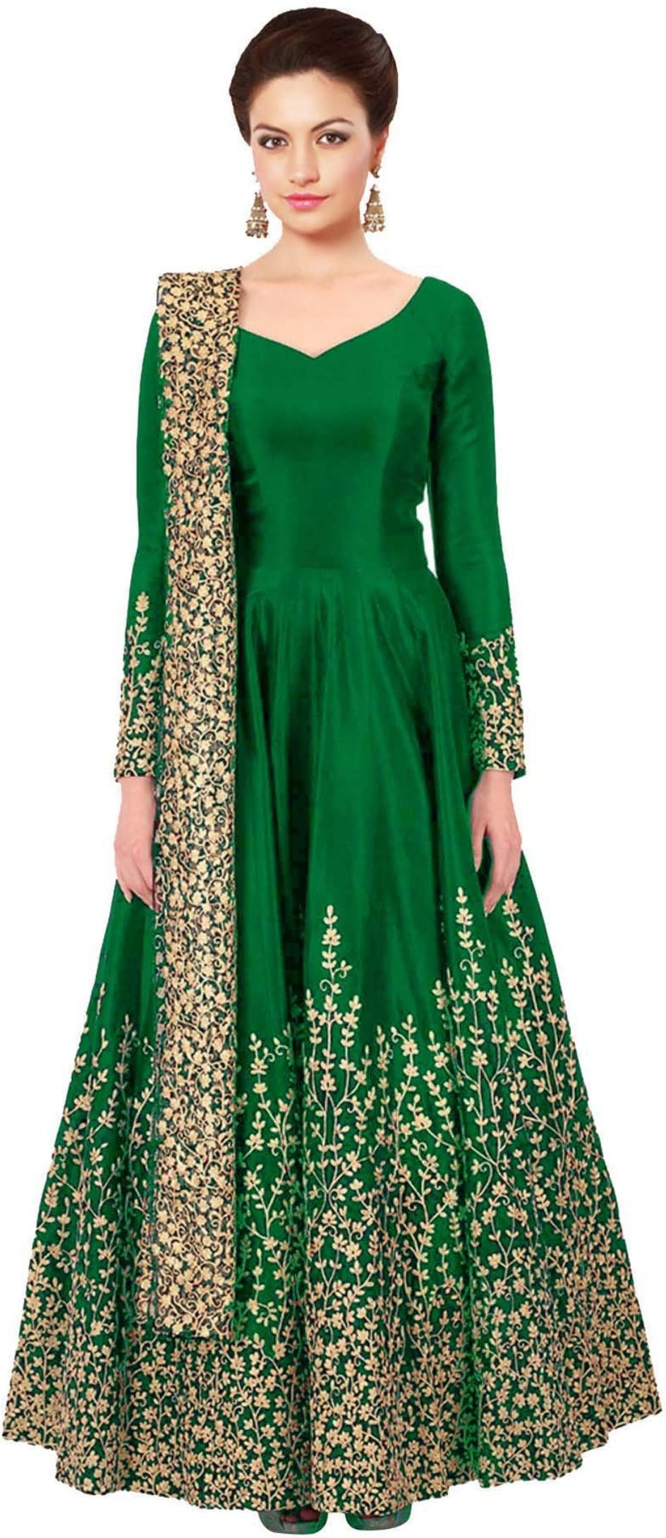New Green Long Embrodered Semi Stitched Designer Anarkali Suit (ER10453)