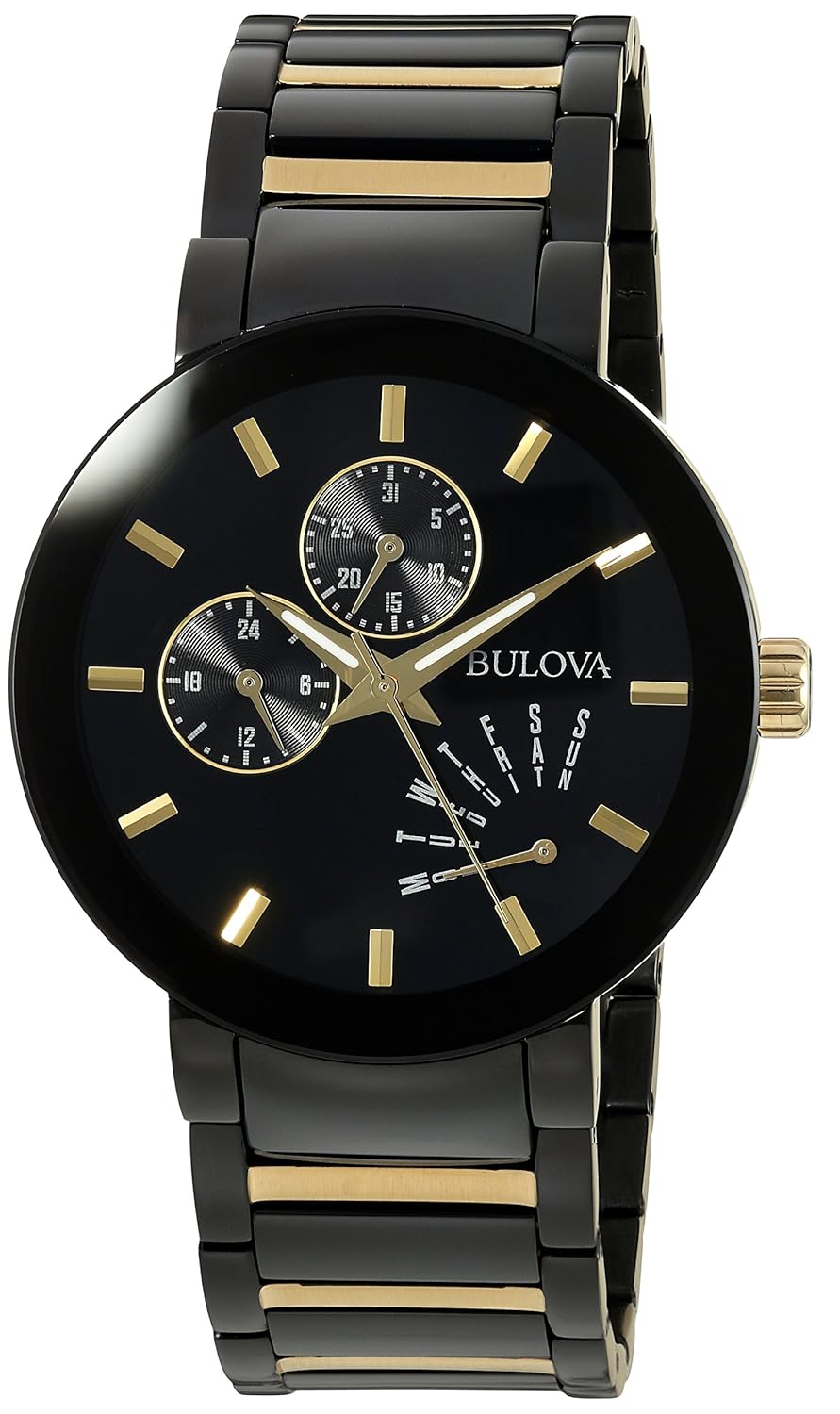 Bulova Watch Mens Wristwatch Black Gold IP Stainless Steel Day Date 24