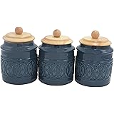 Ravenna Classic Stoneware 3-Piece Filigree Canister Set - Set of 3, Blue with Wood Lid