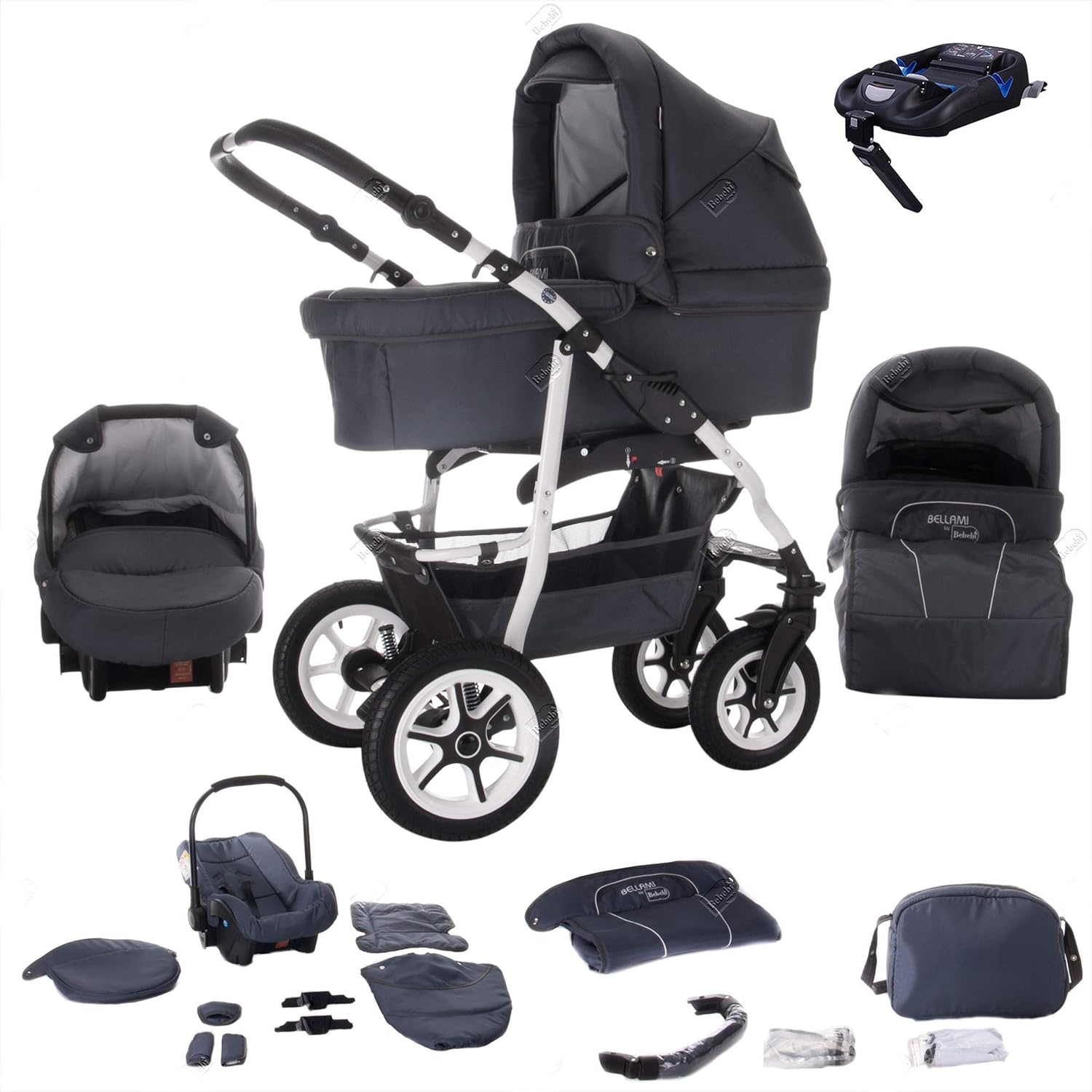 Bebebi Bellami | ISOFIX Basis & Autositz | 4 in 1 Kombi Kinderwagen | Hartgummireifen | Farbe: Bellagrey