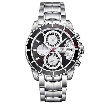 BENYAR Mens Chronograph Quartz Date Stainless Steel Black Dial Watch#By-5127M
