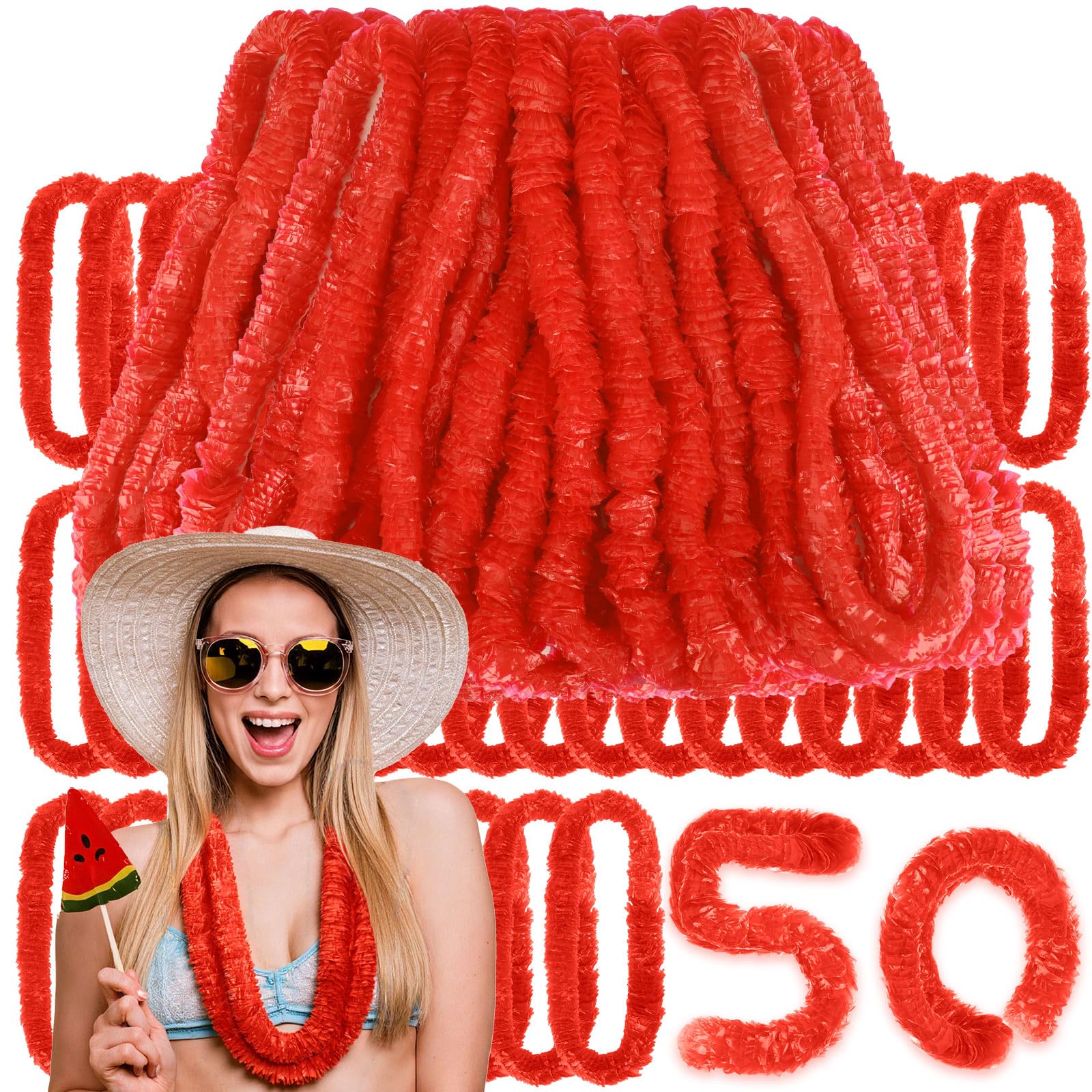 Photo 1 of Janinka 50 Pcs Hawaiian Leis for Luau Party, Soft Twist Tropical Flower Necklaces 36 Inch Plastic Lei for Summer Beach, Pool Parties and Tropical Themed Events (Red)