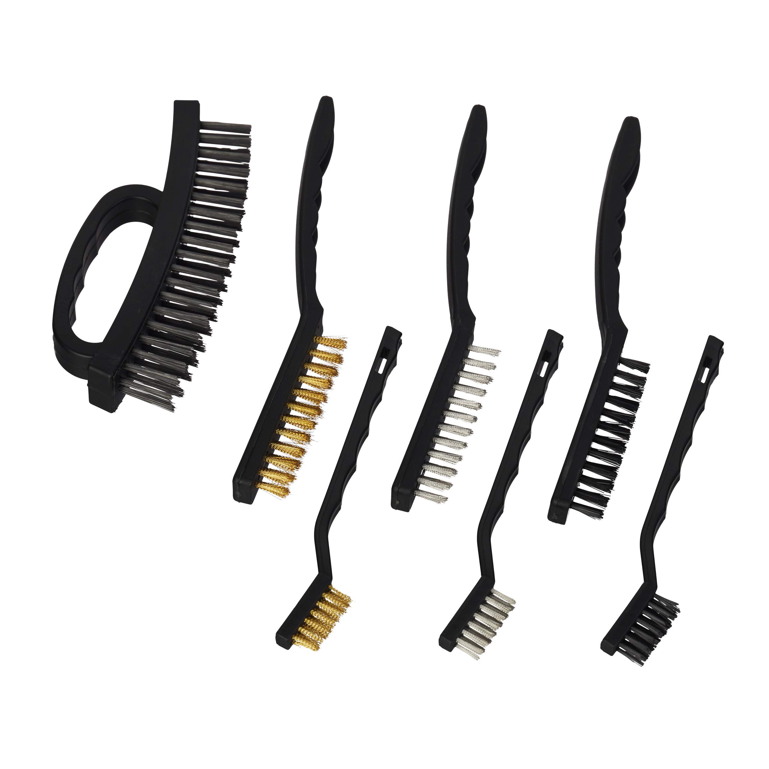 Relaxdays Cleaning Brushes, 7 Piece Set, with Handle, Metal, Brass, Nylon, Steel, Bristle, Black