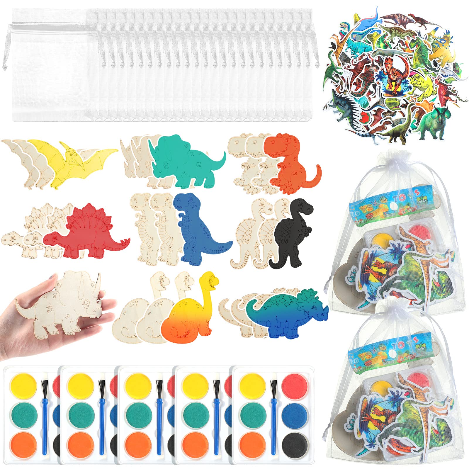 Photo 1 of **MISSING STICKERS AND BAGS**Wesiti 122 Pieces Dinosaur Party Favors, Includes Dinosaur Wood Painting Craft Kits Dinosaur Stickers 5 x 7" White Organza Bags for Kids Dinosaur Theme Party School Classroom Art and Craft Supplies