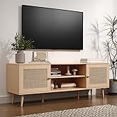 Furnify Rattan TV Stand for 55/60/65/70 inch TV, Boho 59" Entertainment Center with Storage, Modern Mid Century Media Console with Rattan Doors and Adjustable Shelf, Wood TV Stand for Living Room, Oak