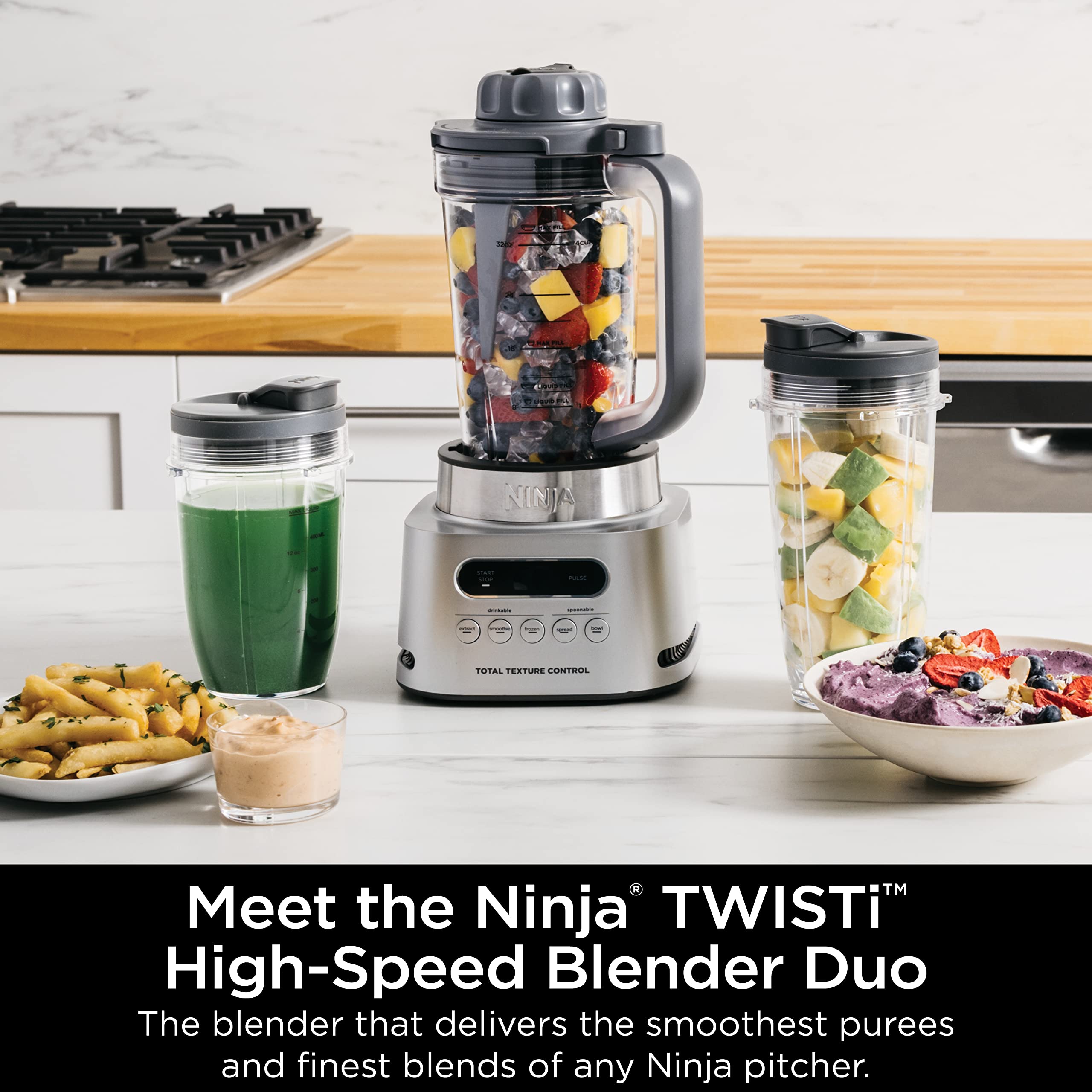 Ninja SS151 TWISTi Blender DUO, batidora y extractor de nutrientes de 1600 WP de alta velocidad* 5 funciones para batidos, productos para untar y más, smartTORQUE, 34 oz. Jarra y (2) vasos para llevar, gris