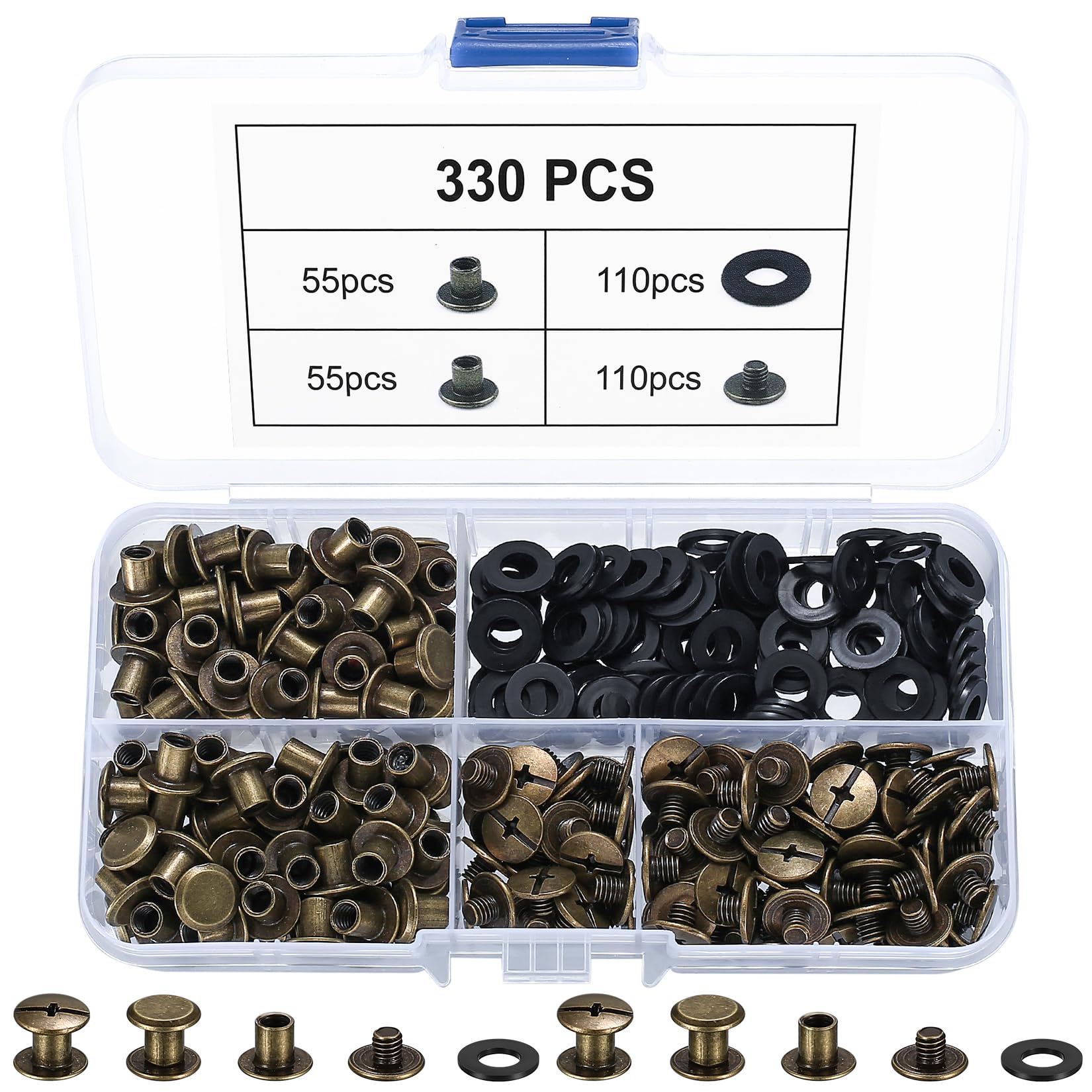 330 Pcs Chicago Screws, Screw Posts for Leather Rivets, Binding Screws Posts, Flat Cross Head Book Binding Screw Rivets for DIY Purse Belt Book Bag Scrapbook Bookbinding