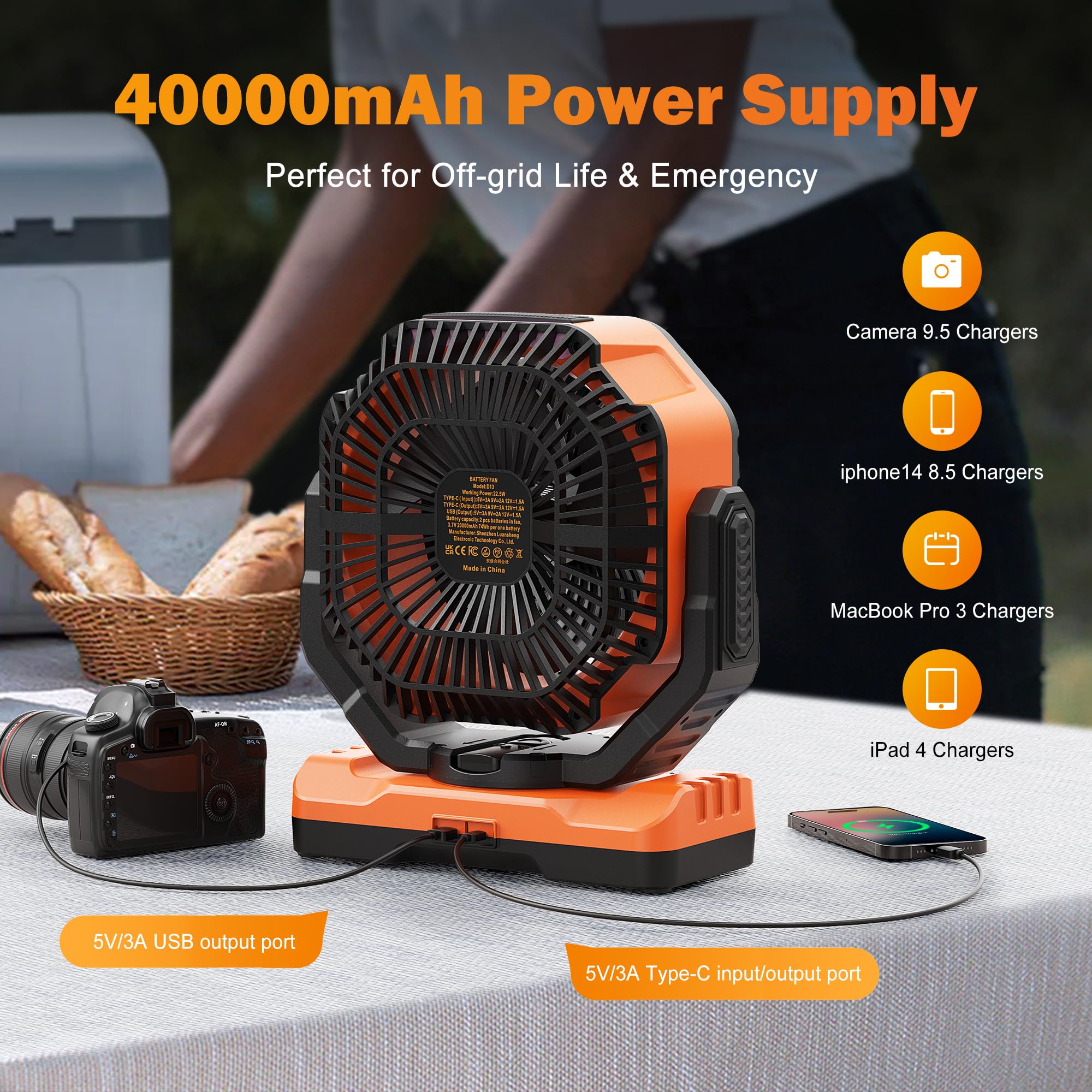 40000mAh Rechargeable Camping Fan, Battery Operated Fan with Light & Remote, 12
