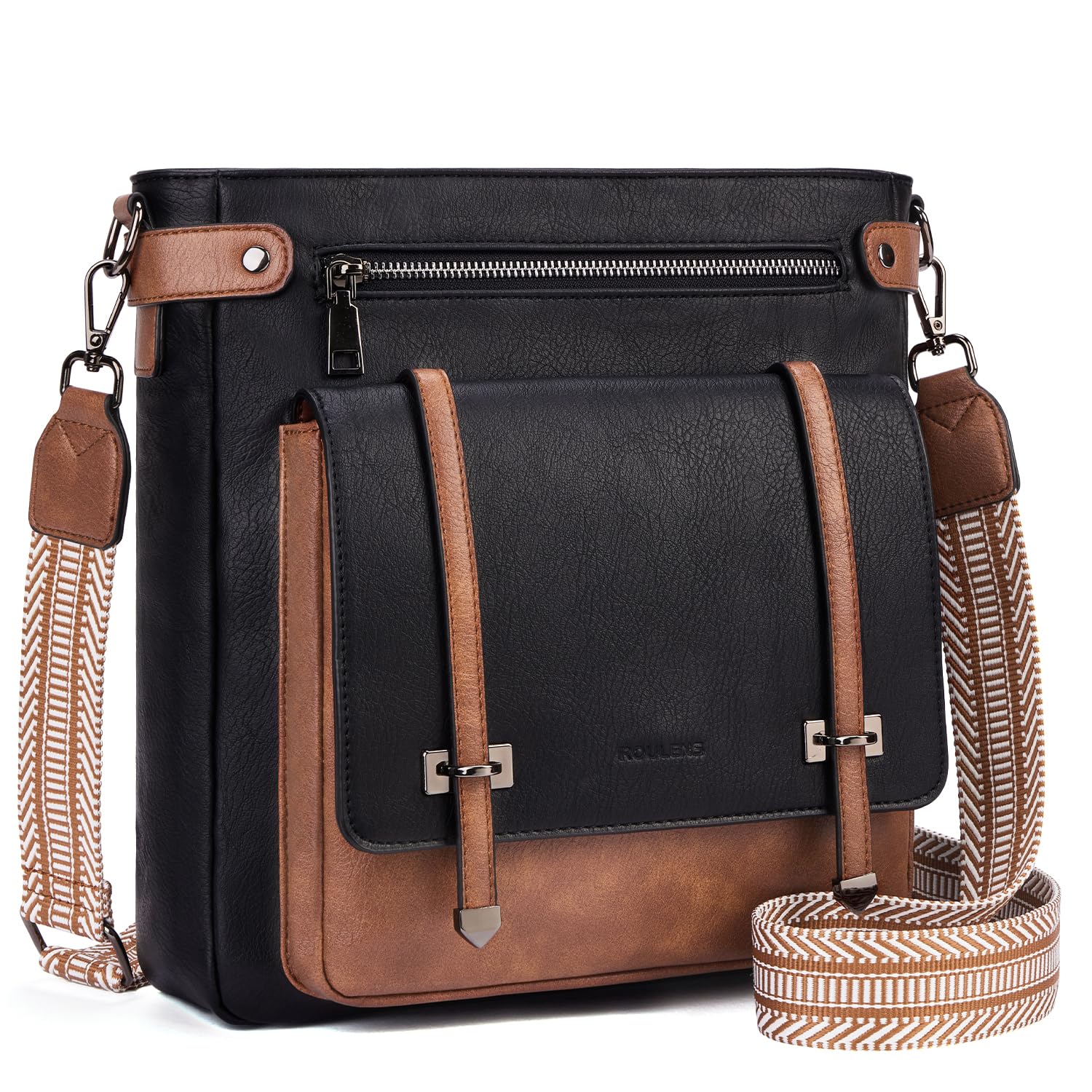 Roulens Crossbody Bags for Women,Multi Pocket Crossbody Purses Vegan Leather Shoulder Handbags Travel Purse Adjustable Strap Image