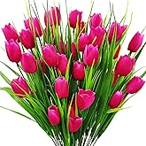 Guagb 8 Bundles Outdoor Artificial Tulips Fake Flowers UV Resistant Faux Plastic Greenery Shrubs Plants for Home Outside Garden Porch Window Farmhouse Decor (Rose Red)