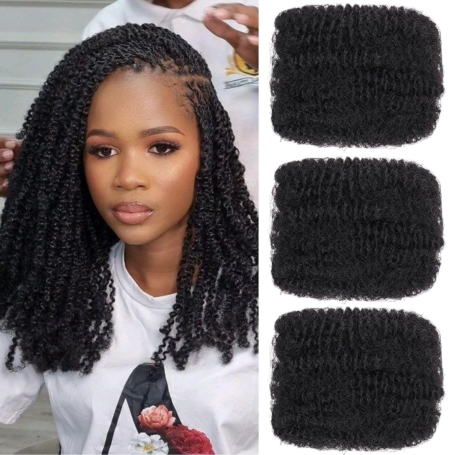 Mscat 16 Inch 3 Bundles Afro Kinky Curly Braiding Bulk Women Hair For Spring Twist Hair Natural Black Afro Kinkys Bulk Hair Synthetic For Dreadlocks Extensions Repair Locs Springy Twists 30g/pack(1B#) — image 1
