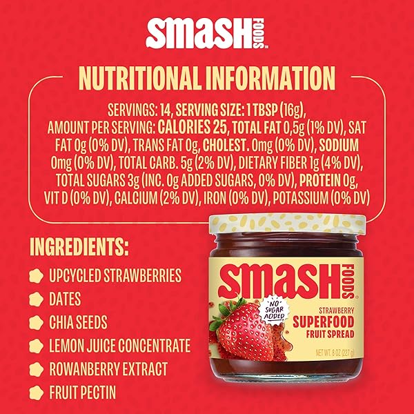 SMASH FOODS STRAWBERRY JAM | LOW-CALORIE, NO SUGAR ADDED KETO JAM WITH UPCYCLED FRUIT & CHIA SEEDS | VEGAN, PALEO SUPERFOOD FRUIT SPREAD (1 JAR)
