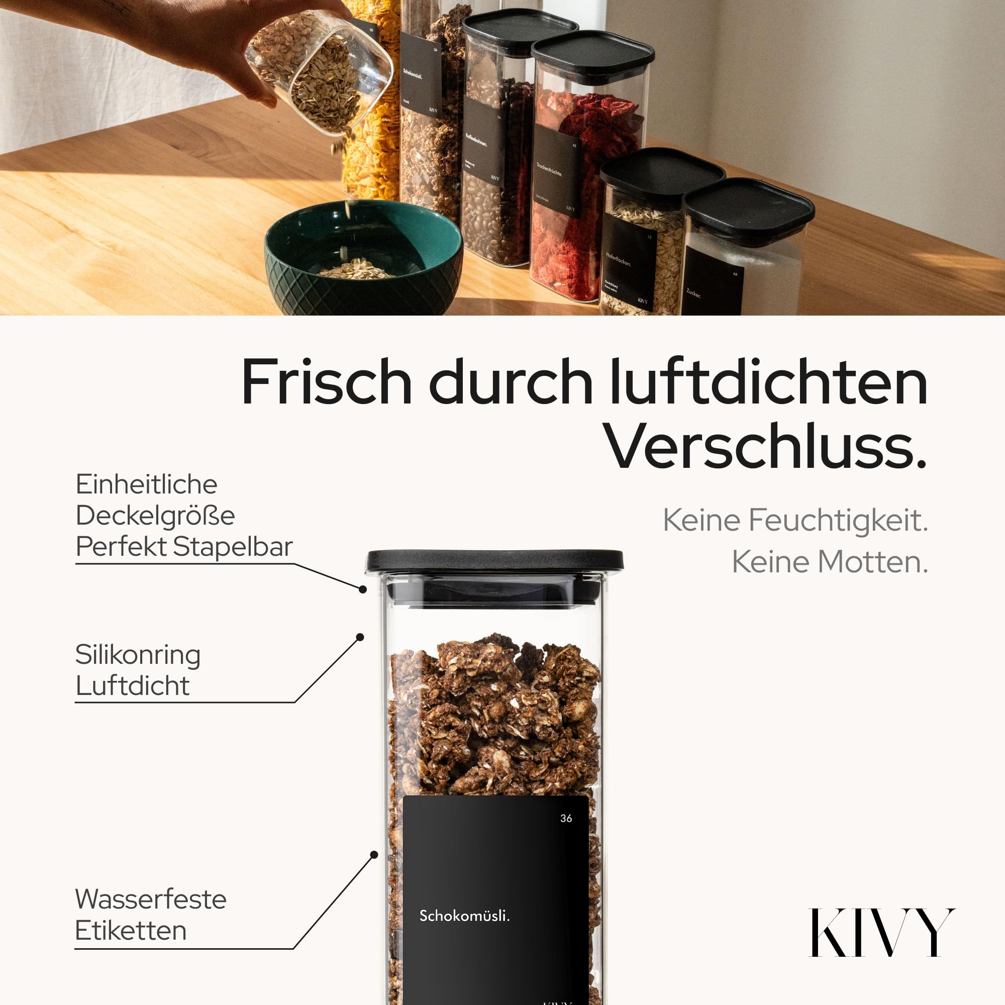 KIVY Vorratsgläser eckig [12er Set] + Etiketten - Stapelbare & Luftdichte Aufbewahrungsgläser mit Deckel - Schwarze Vorratsgläser mit Deckel Luftdicht - Vorratsdosen Glas Aufbewahrung 6