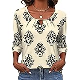 Rapbin 3/4 Length Sleeve Tops Crew Neck Casual Basic Pleated Blouses 2026 Trendy