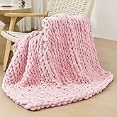 Bigacogo Chunky Knit Throw Blanket for Couch, 40x40 inches, 100% Hand Knitted with Thick Jumbo Chenille Yarn, Cozy Soft Large Rope Knot Cable Crochet Blankets for Sofa Bed Living Room, Blush Pink