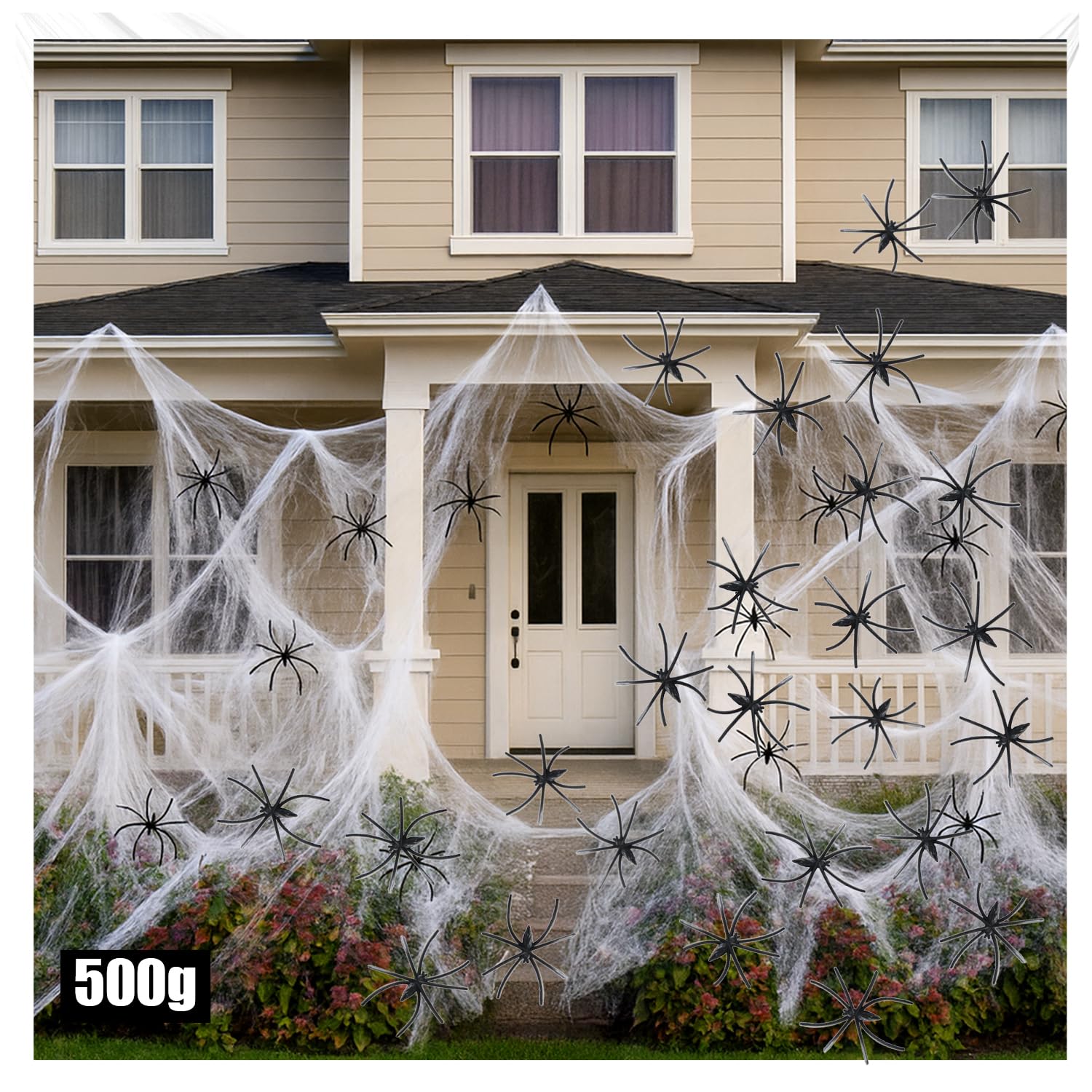 com-four® 500g Halloween spider web with 25 black spiders, spider web as a decoration for Halloween, carnival and theme parties