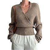 SHENHE Women's Casual Wrap V Neck Fall Sweaters Long Sleeve Cinched Waist Dressy Pullover Sweater
