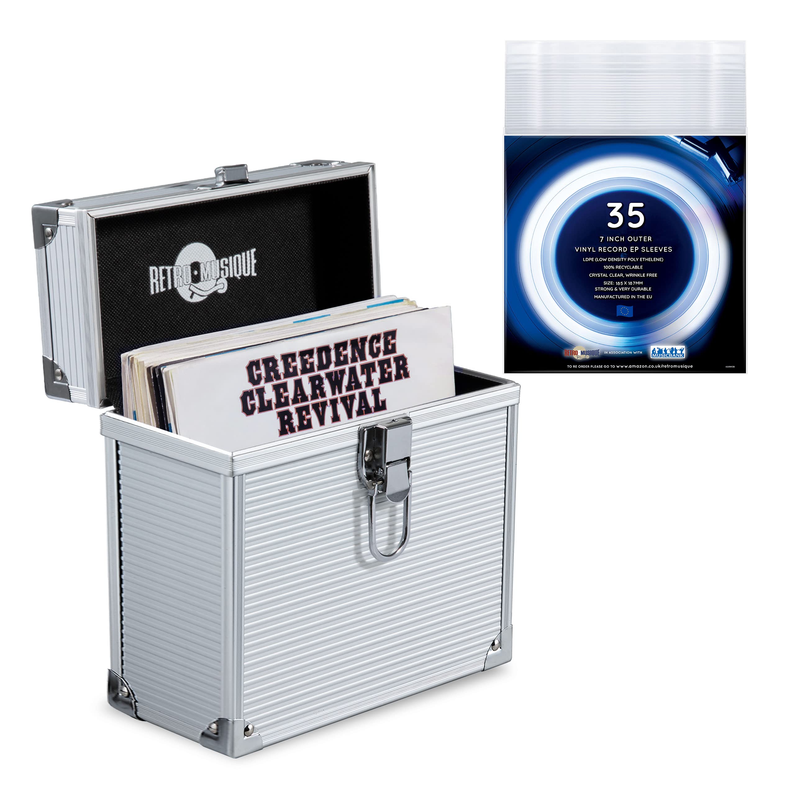 Retro musique Aluminium 7" Vinyl Record EP Storage Case Holds up to 35 EPs (in PVC Sleeves) Includes 35 Vinyl Record Outer Sleeves (Sliver) — image 1