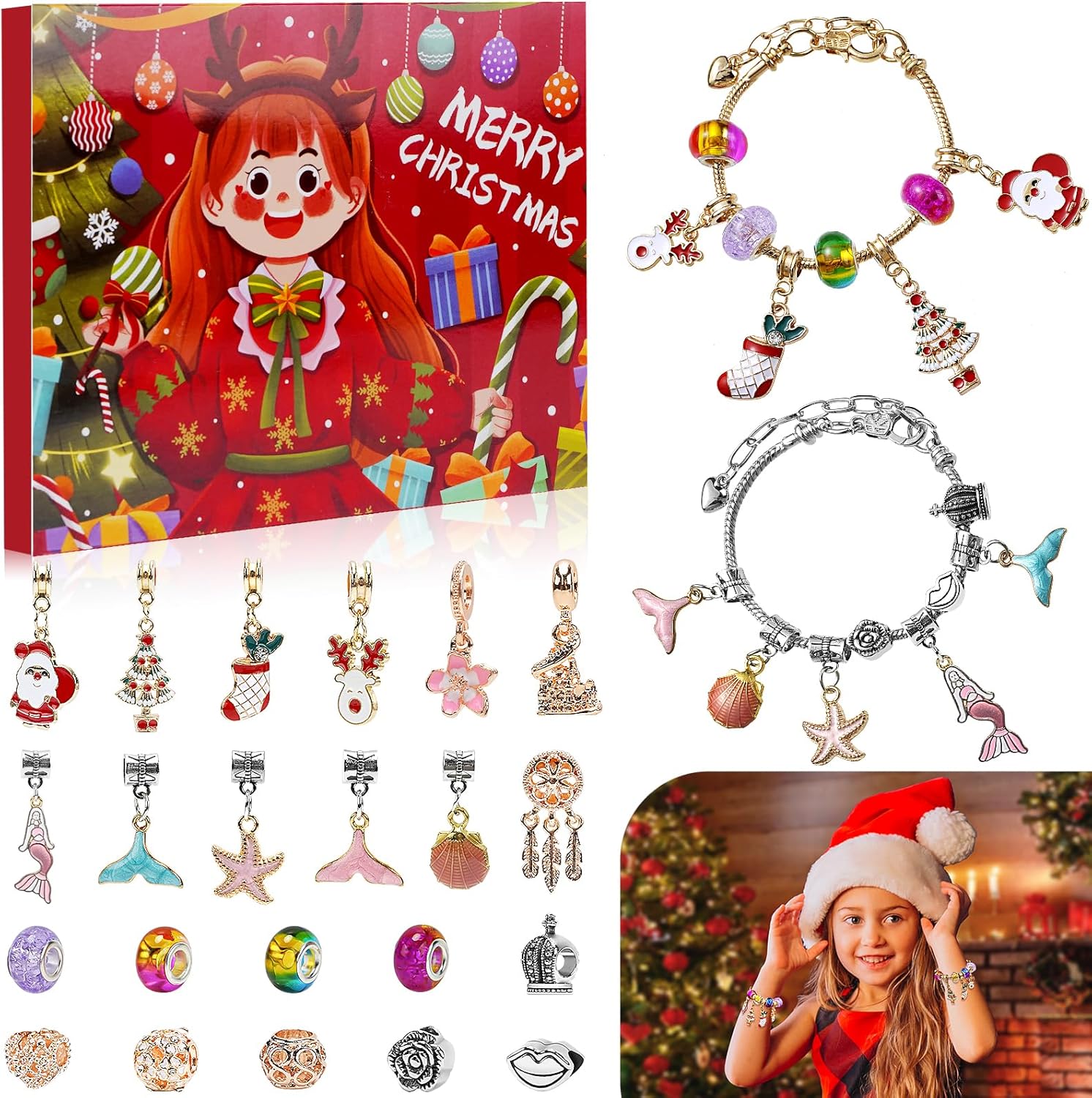 Advent Calendars - Christmas Advent Calendar 2023 Girls, 24 Days Xmas & New Year Countdown Calendar Jewelry Bracelet Set, DIY Charm Bracelet Making Kit Gift for Kids Teens Women