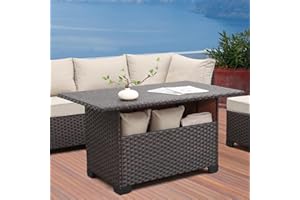 WAROOM Outdoor PE Wicker Coffee Table - Patio Rattan Garden Furniture Multi-Functional Storage Tea Dining Table, Dark Brown