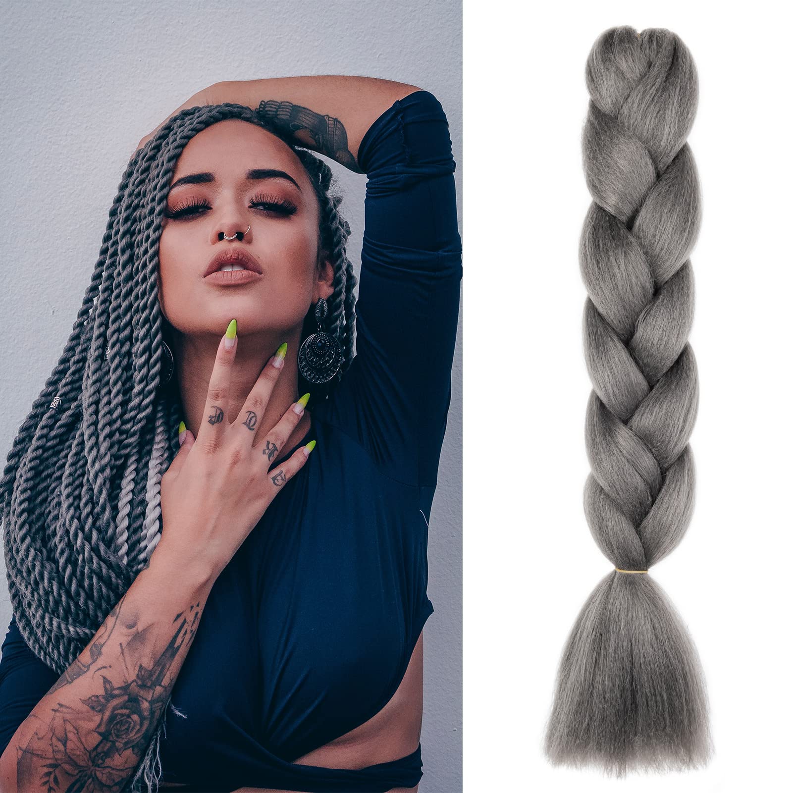 Gairyan Braiding Hair Extensions for Braiding 1 Bundle 100g 24" Ombre Jumbo Braiding Hair Colorful Synthetic Hair for Braid Soft Box Braids Crochet Twists (Dark Gray)