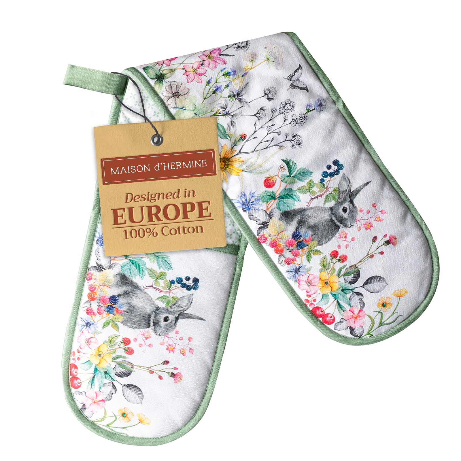 Maison d' Hermine Double Oven Mitts 100% Cotton 18 cm x 89 cm Double Oven Mitt Heat Resistant BBQ Cooking Gloves with Loop Baking Grilling Handling Hot Pans Gifts for Mothers Day (Printemps)