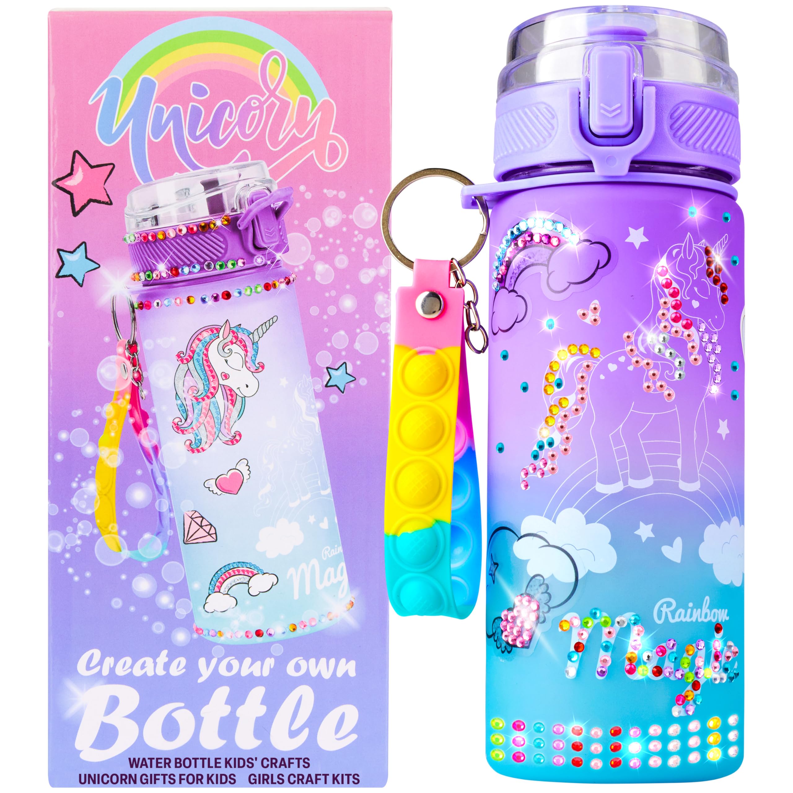 Get Trend Unicorn Decorate Your Own Water Bottle Kit Girls, Teens, 18.6 fl oz, DIY Stickers Key Ring Gems Gifts for Girls (Multi Unicorn)