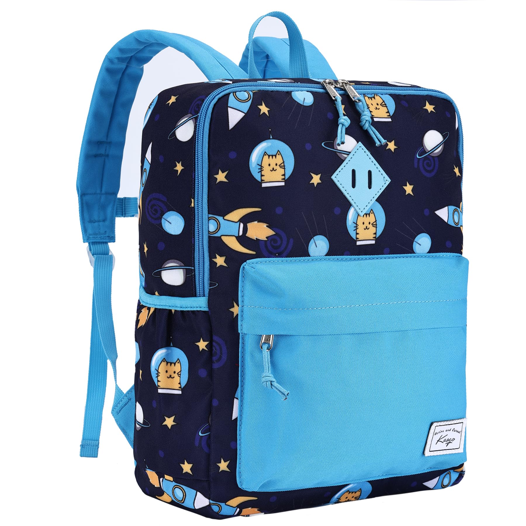 Kasgo Kids School Backpack, 14.6 Inch Lightweight Water-Resistant Primary Preschool Bag for Toddler Boys Girls Ages 5-8, Fits A4 Folder, with Chest Strap & Name Tag, Astronaut Patchwork