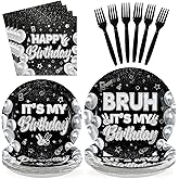 Greencian 96pcs Bruh It's My Birthday Decorations Black and White Birthday Plates and Napkins for Teen Boys Black and Silver Birthdays Party Decorations