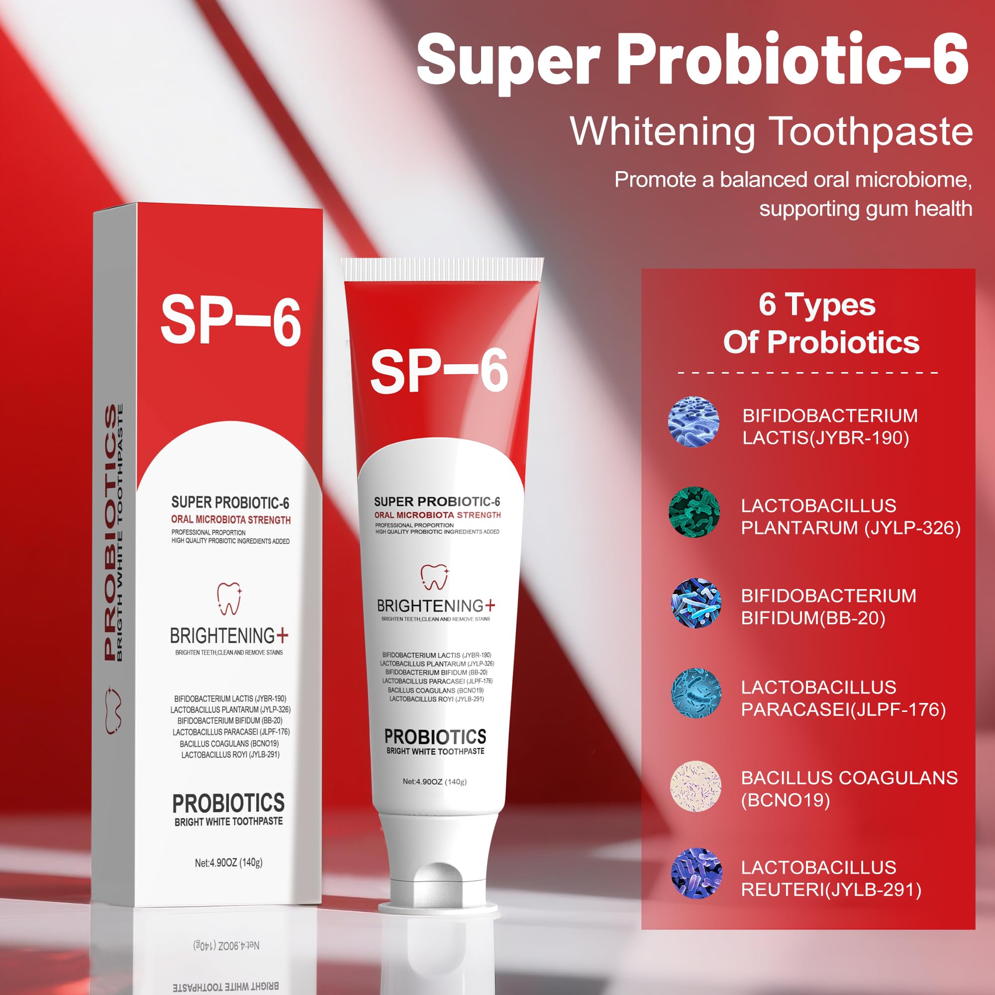 SP-6 Probiotic Whitening Zahnpasta für Zahnaufhellung und frischen Atem, 6 Probiotika-Formel für gesundes Zahnfleisch, fluoridfrei, minzig-frischer Geschmack, 145 ml (2 Packung) (2) 3