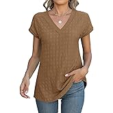 Micoson Women's Cap Short Sleeve V Neck T Shirts Fashion Textured Tops Trendy Lightweight Soft 2025 Summer Casual Tee Shirt