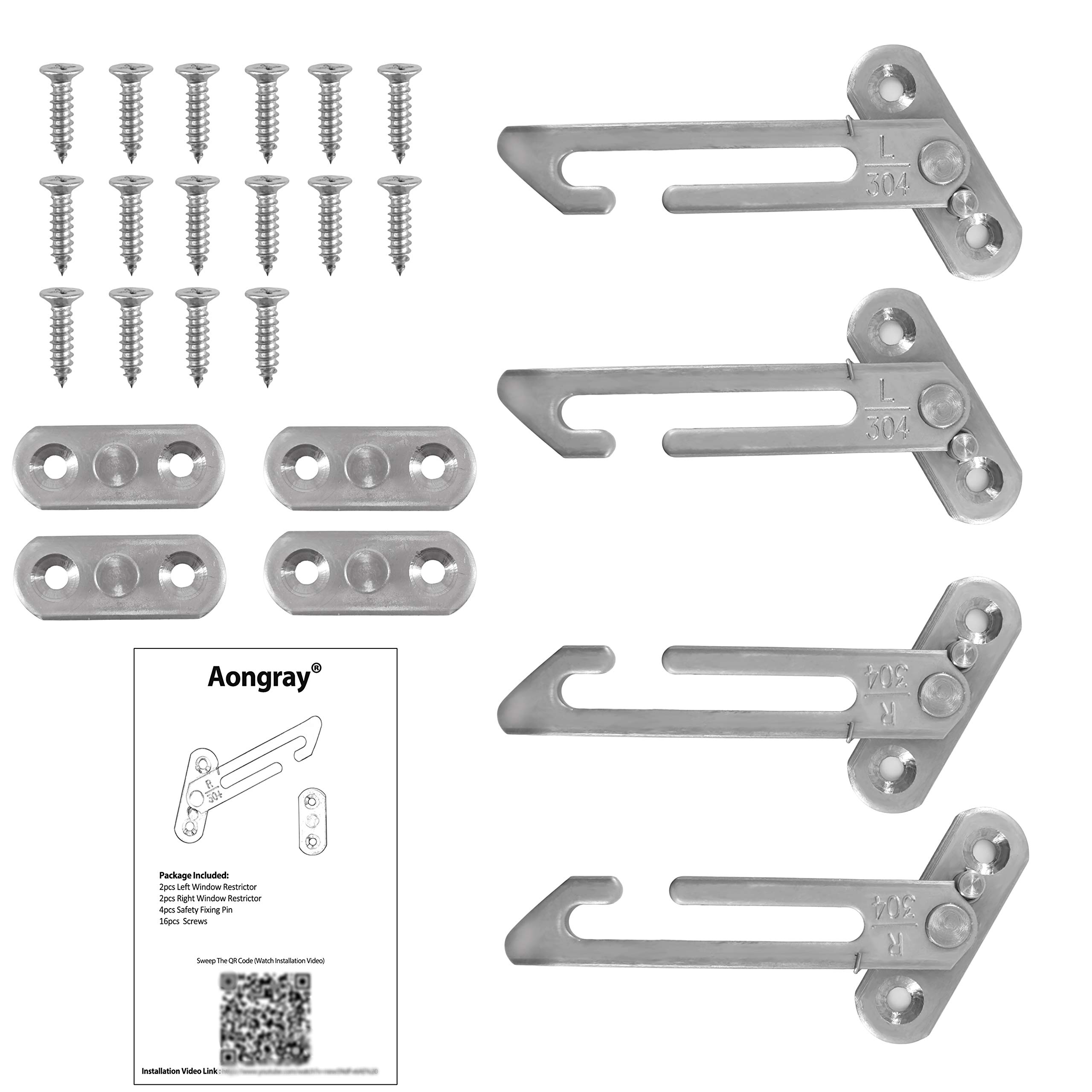 2 Pairs Window Restrictors Locks,Aongray Window Restrictor Hook Window for UPVC Stainless Steel 304 Security Lock Child Lock Restrictor Catch Safety Catch with Screws (Silver,2 Pairs)