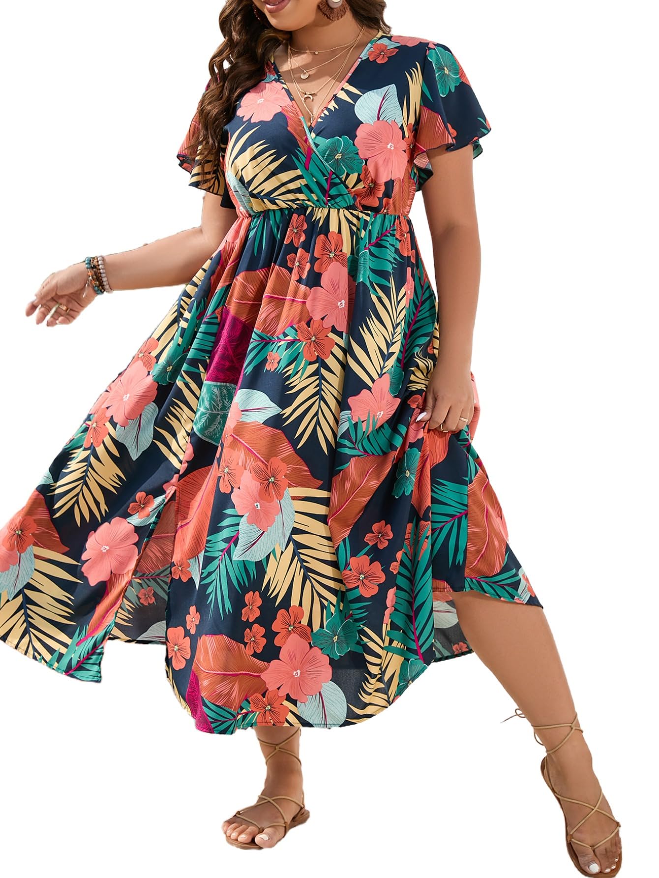 Photo 1 of Floerns Women's Plus Size Boho Floral V Neck Short Sleeve A Line Long Dress Black Orange Tropical 1XL