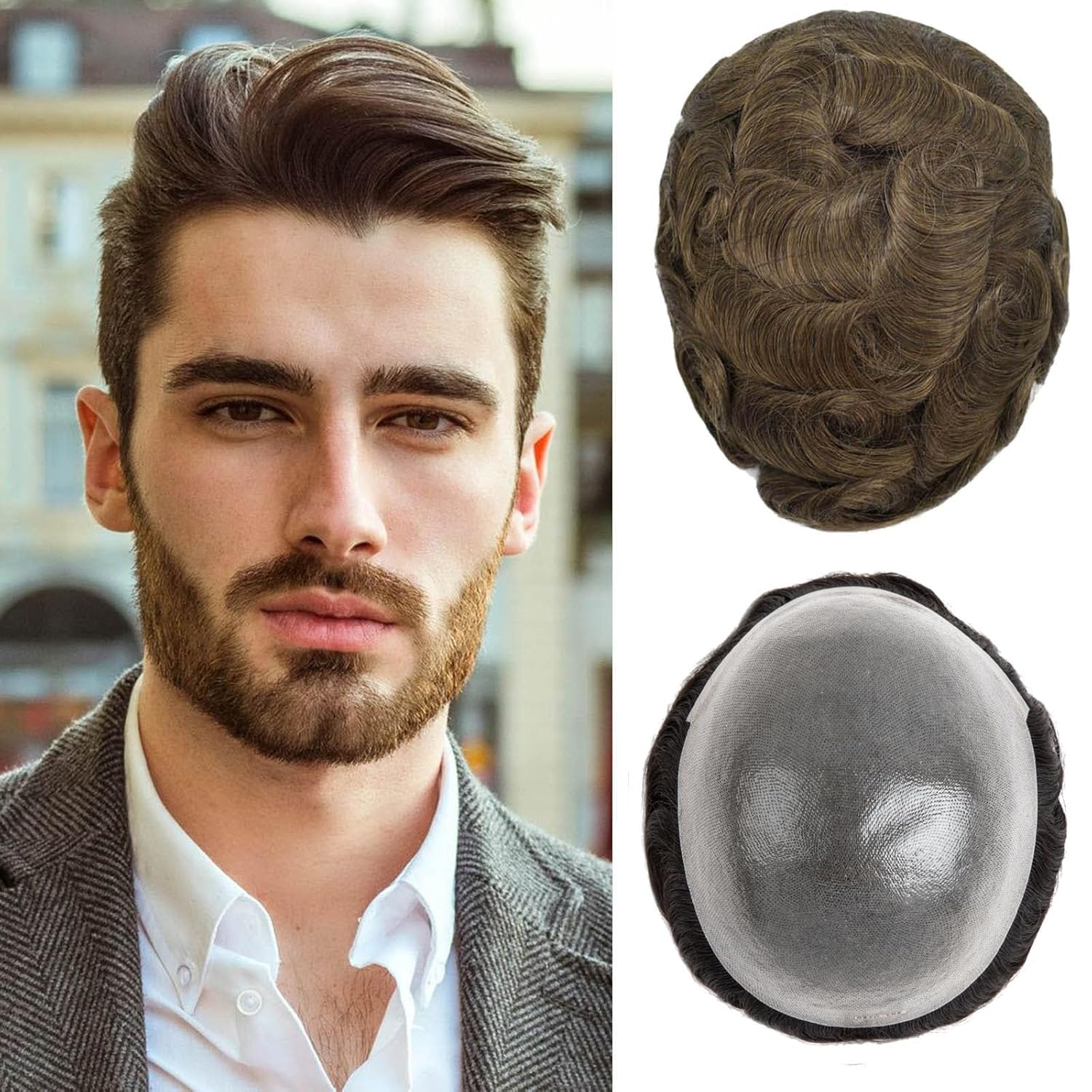 Toupee For Men 0.1mm Poly Skin Human Hair System For Men Men'S Toupee V-Loop Knots Durable Pu Toupee Human Hair Mens Wig Base Size 8X10 Inch 120% Density （#5）
