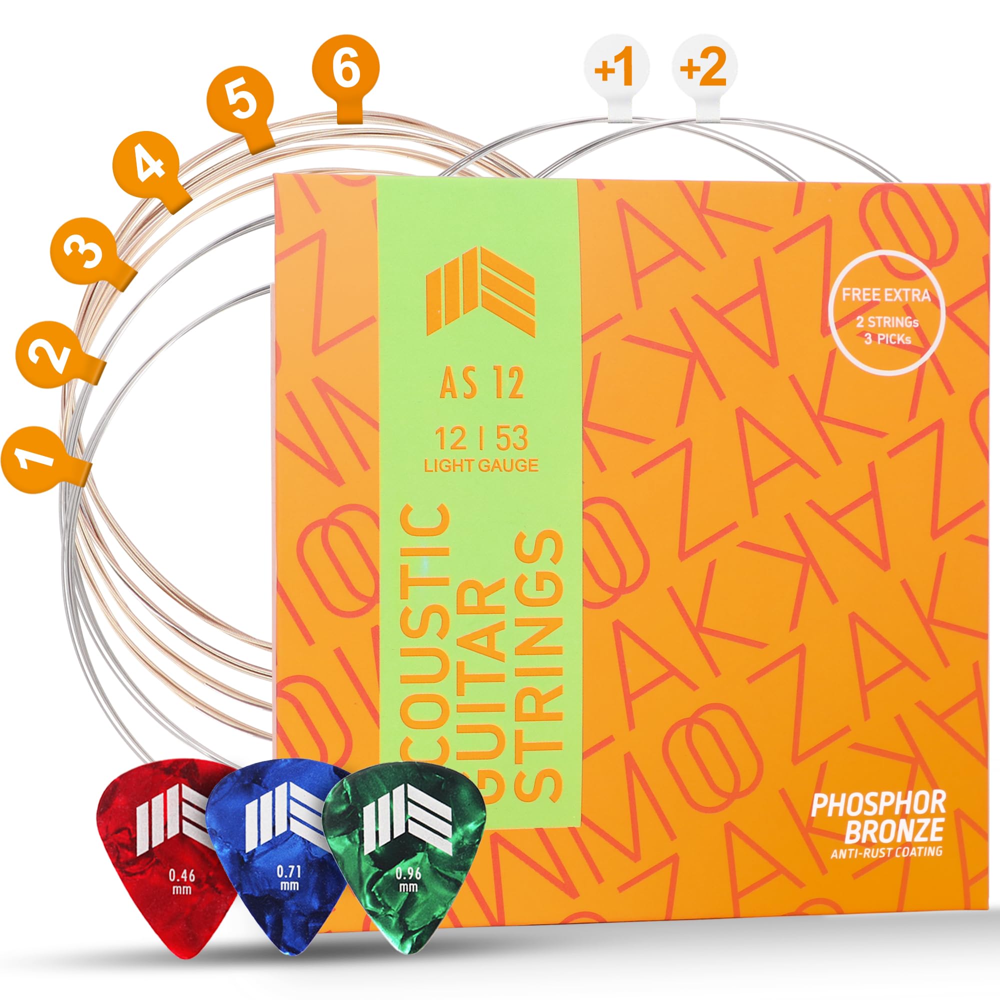 MOOZAK Acoustic Guitar Strings Phosphor Bronze, Light Gauge 12-53, Warm & Rich Tone, Durable & Bright Tone Steel Strings, Extra 1st & 2nd String, 3 Picks – Ideal for All Players & Gifts