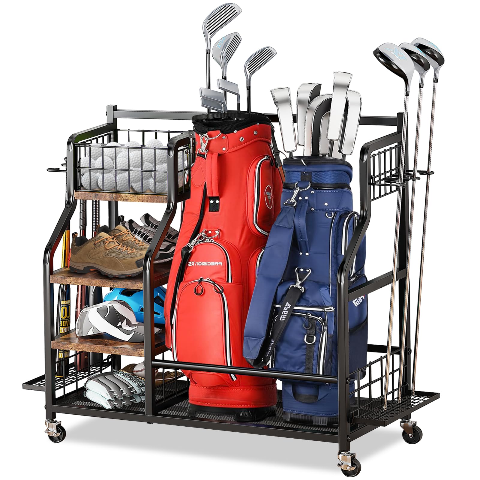 Photo 1 of BeGuo Golf Bag Storage Garage Organizer,Golf Accessories Rack,Golf Storage Stand Fit for 2 Golf Bag and Golf Clubs&Golf Balls,Sports Equipment Organizer as Fishing bags, Tennis Rackets, Skateboard