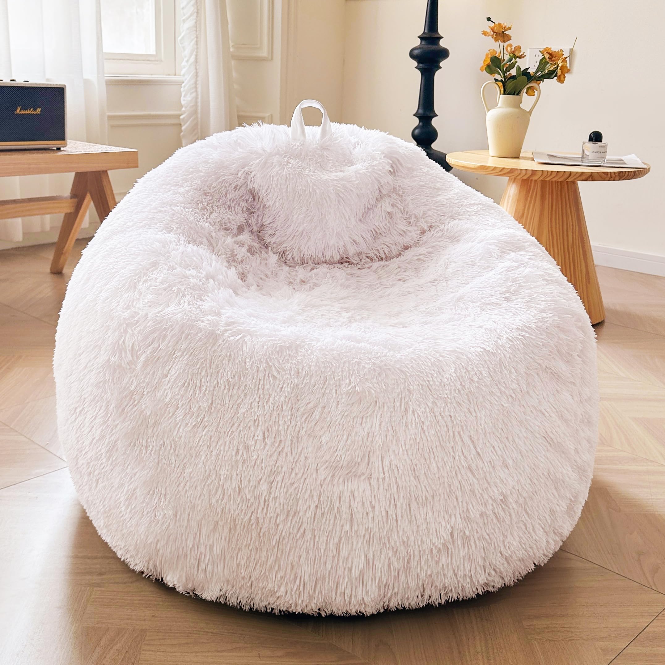 Photo 1 of XeGe Faux Fur Bean Bag Cover(No Filler), Fluffy Stuffed Animal Storage Bean Bag Chair Cover for Bedroom Home Decor, Furry Fuzzy Big Gaming Bean Bag Cover for Adults Teens Kids Girls, Anti-Slip, White