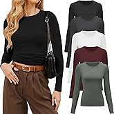 CE' CERDR 3/5 Pack Womens Long Sleeve Shirts Crew Neck Basic Tees Tight Fitted Casual Going Out Stretchy Slim Tops
