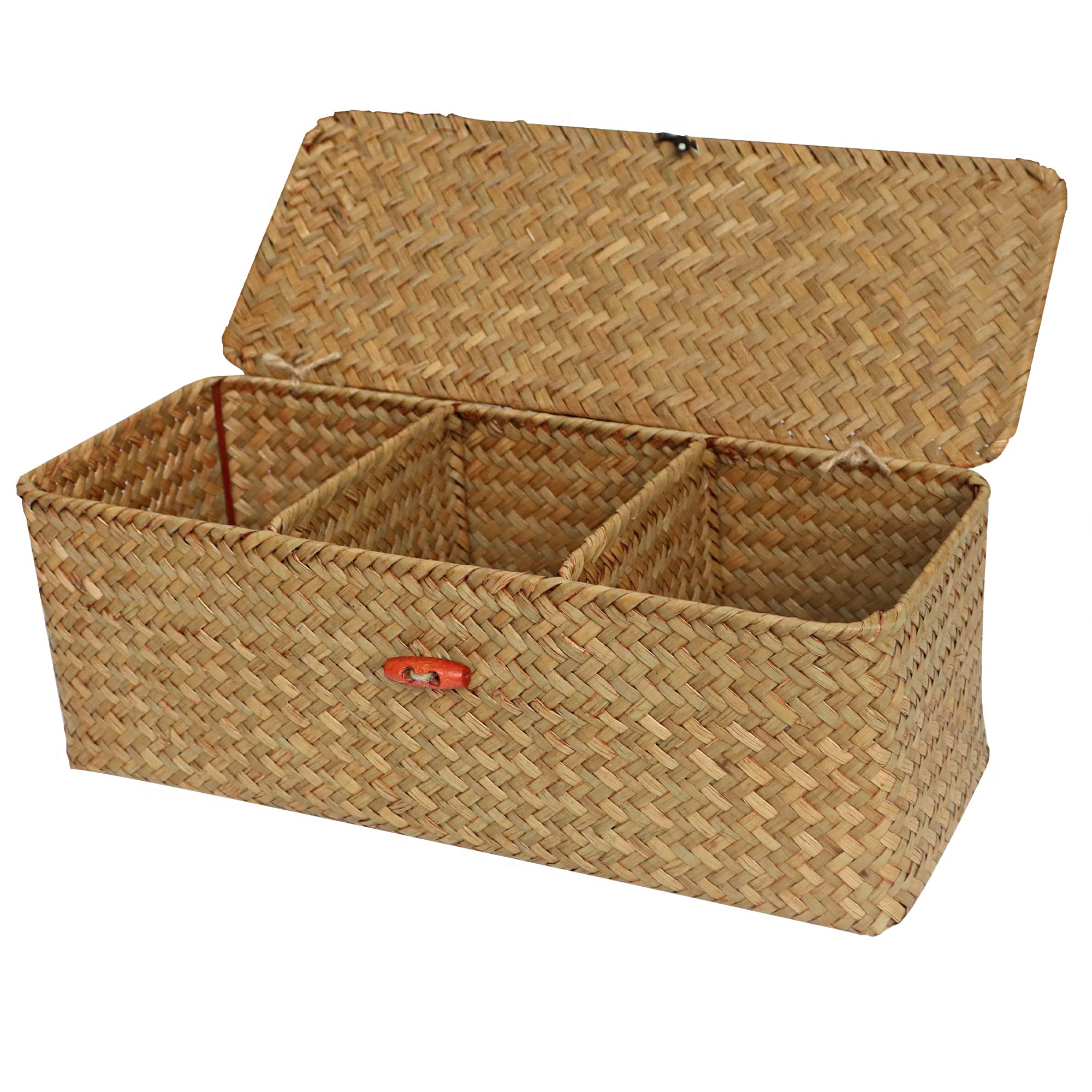 FEILANDUO 3-Section Seagrass Storage Basket with Lid Hand Woven Small Wicker Shelf Baskets Rectangular Storage Box for Desktop Organizing (Natural 3 Sections with Lid)