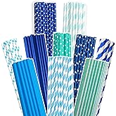 Blue Paper Straws 150pcs Disposable Bulk(10 Pattern) qiqee
