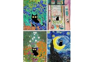 GEMZONO Adult 5D Diamond Painting Kits - 4 Pieces, Round Diamond Arts Painting Kit, DIY Beginner Black Cat Diamond Art Kit, Matisse Van Gogh Living Room Bedroom Decoration (11.8x15.7)
