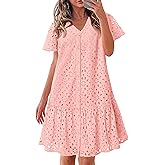 KIRUNDO Eyelet Dresses for Women 2026 Spring Summer Short Sleeve Button Down Loose Mini Babydoll Dress Beach Vacation Clothes