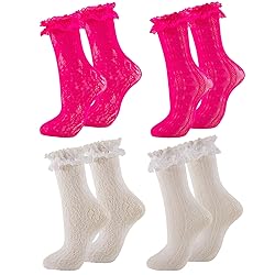 MKYSZLT Women White Lace Socks Hot Pink Ruffle